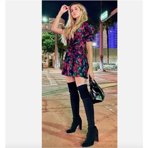 MISA Los Angeles Narcissa Floral Satin Mini Dress V-Neck Black Pink Party - Picture 11 of 16